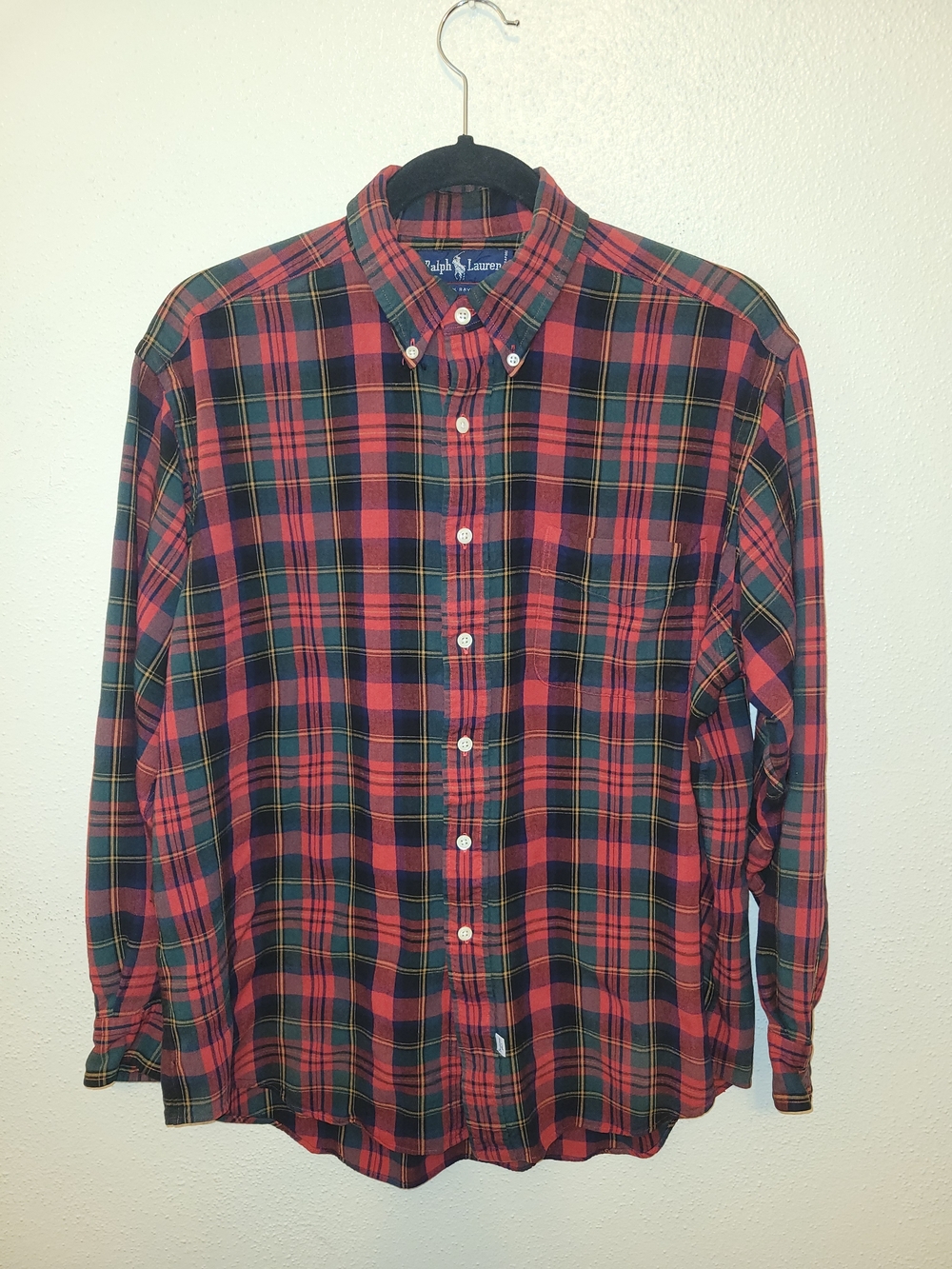 Ralph Lauren Vintage Rayon Tartan Plaid Button Down Shirt Red Green Men’s L